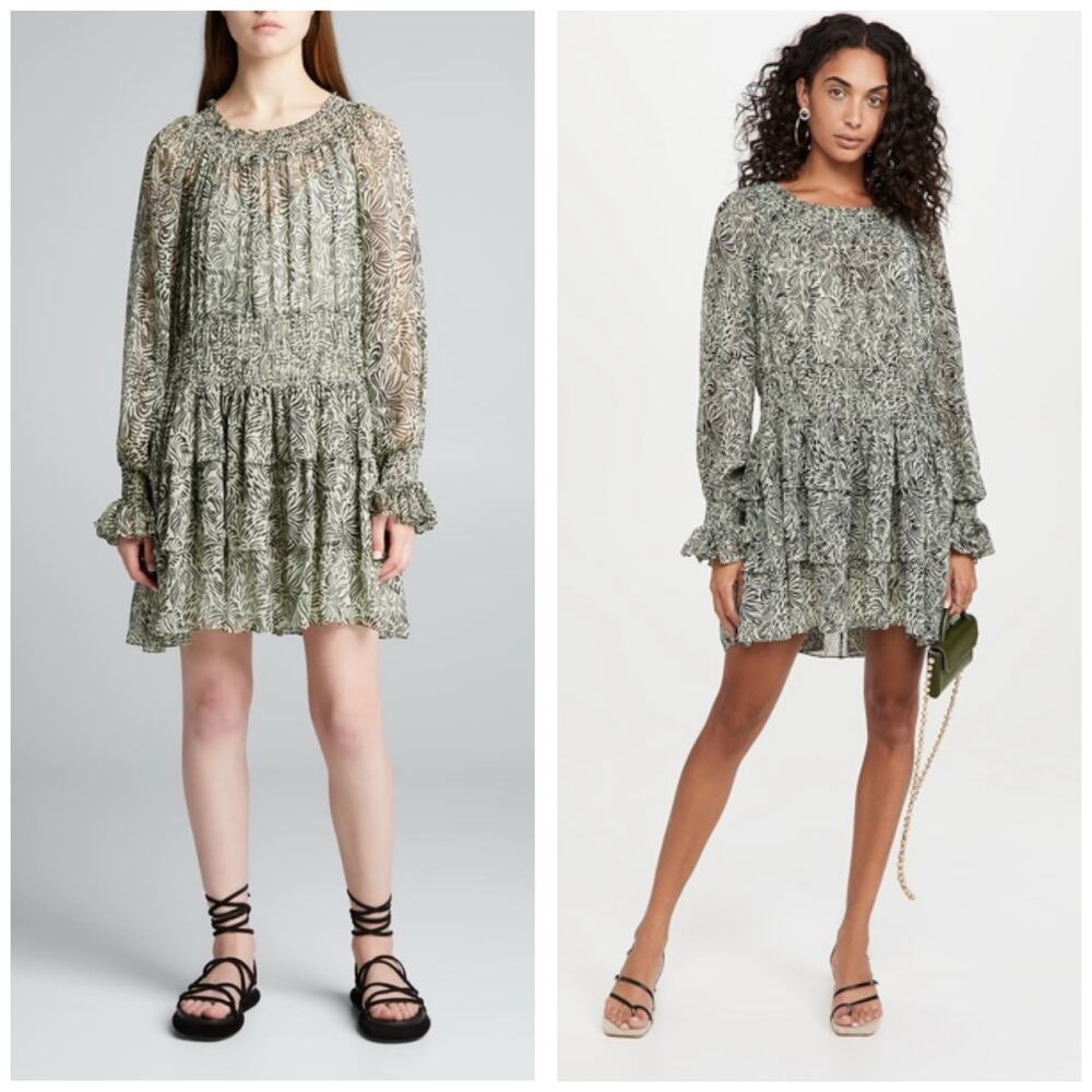 NWT Cinq A Sept Janelle Smocked Chiffon Ruffle Sleeve Dress Size 4 Green Print